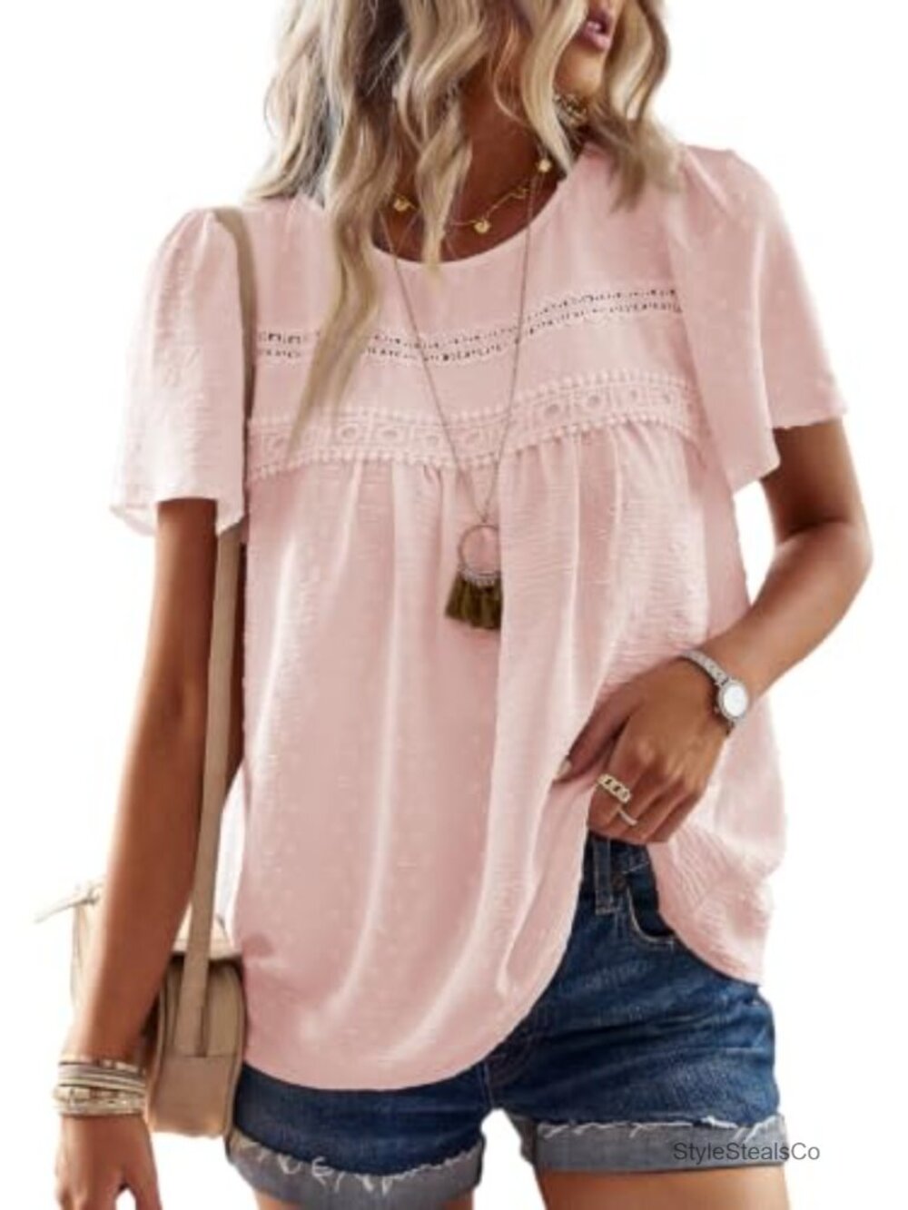 Womens Boho Crochet Lace Short Sleeve Loose Fit Tunic Top Casual Summer Blouse